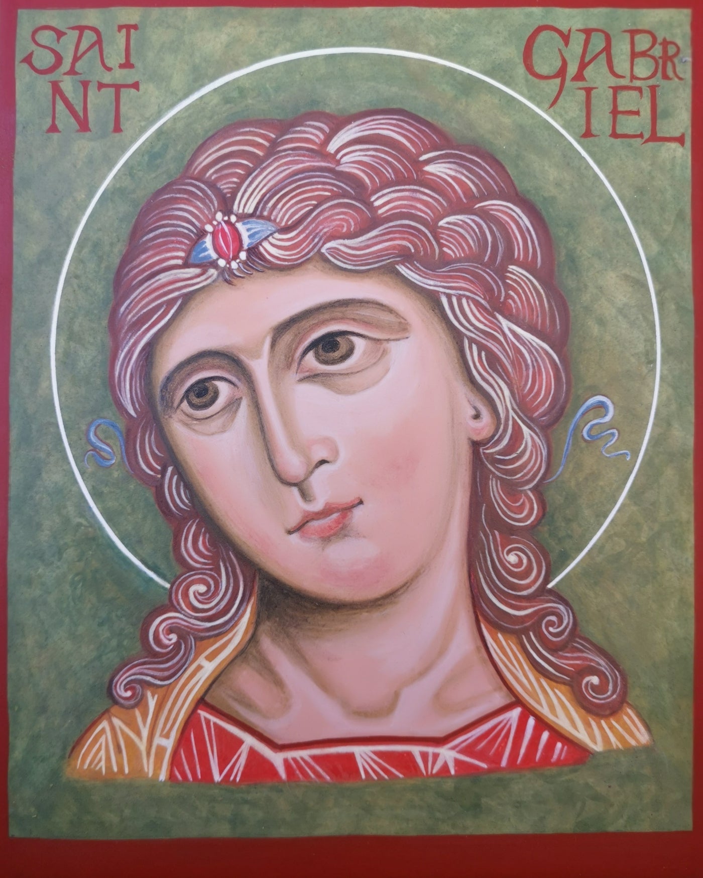 orthodox icon of Saint gabriel with a green background